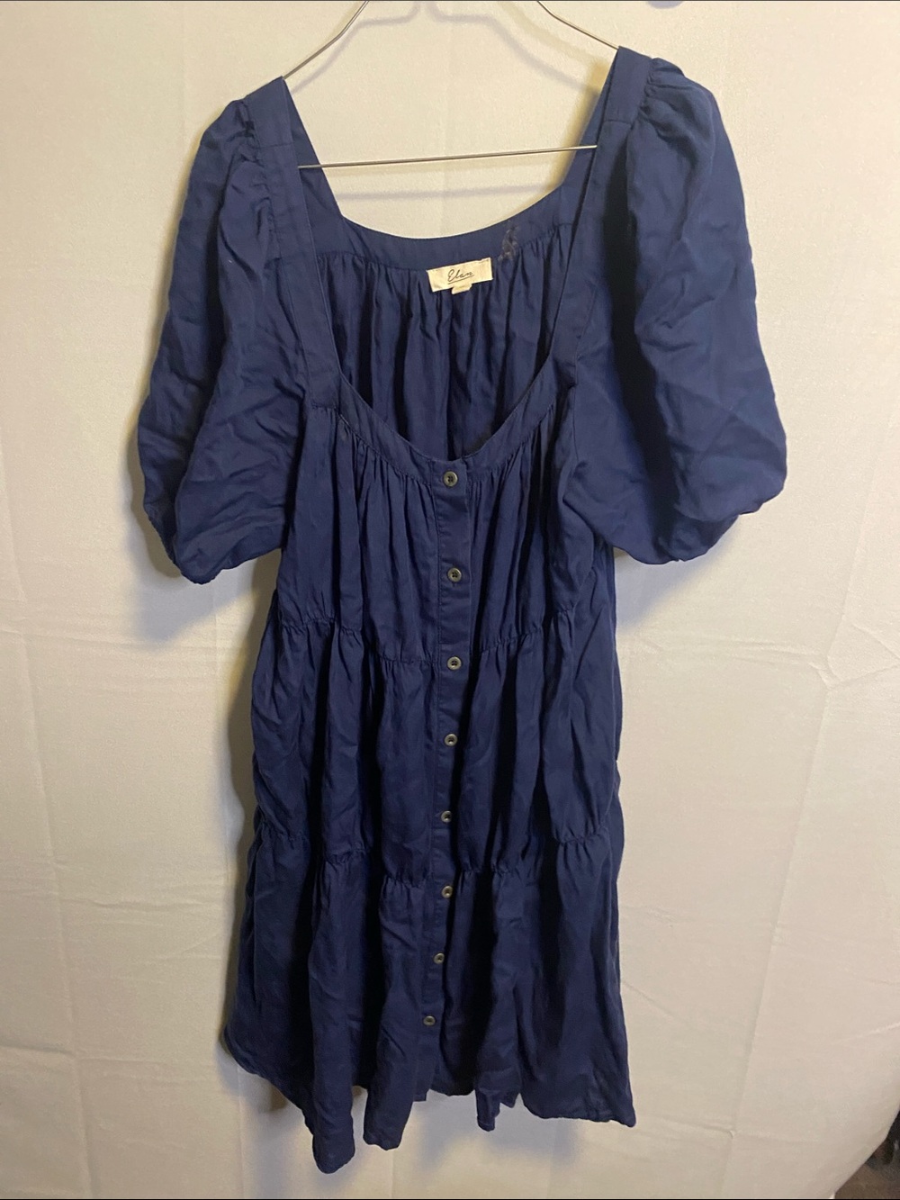 Elan Navy Puff Sleeve Button-Front Midi Dress
